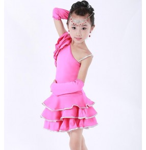 Hot pink fuchsia yellow black one shoulder spandex girls kids children performance school play gymnastics practice latin samba salsa dance dresses outfits costumes